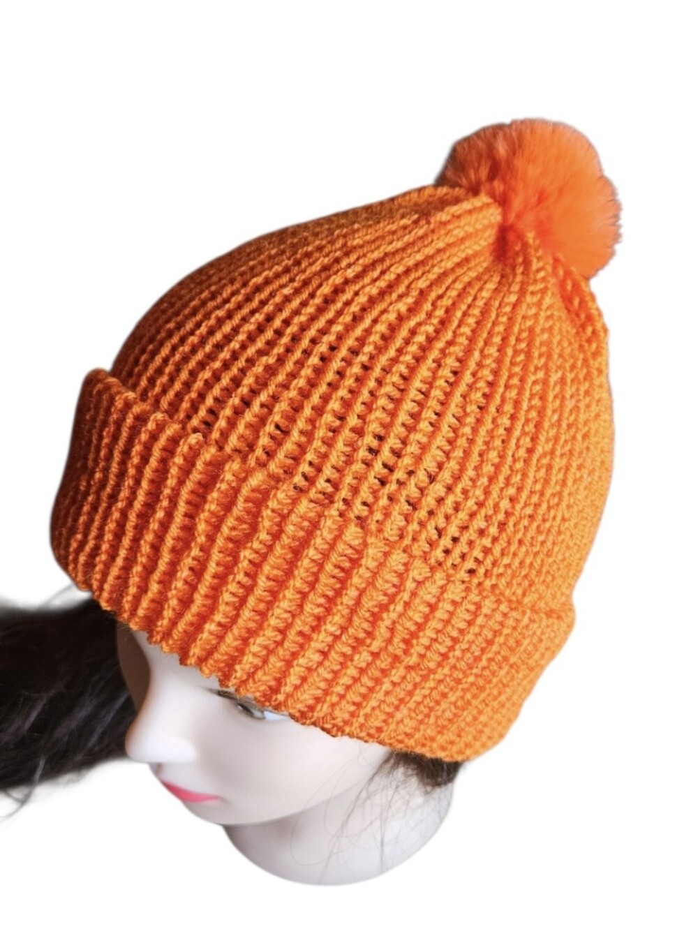 Handmade Bright Orange Reversible Crochet Beanie Halloween Winter Work Hat OOAK